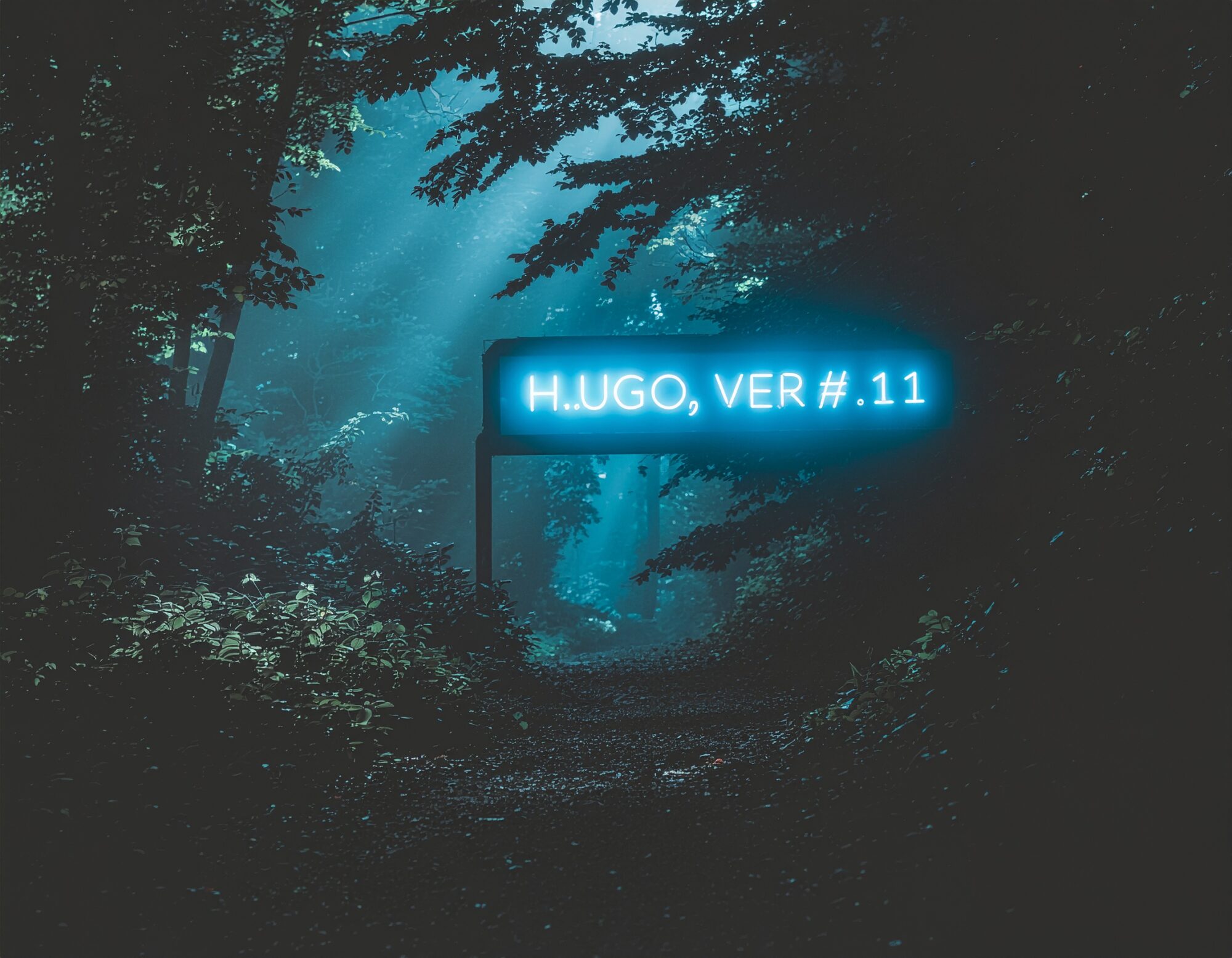 Firefly_A billboard in a mystical forrest in neon with the text-__H.U.G.O. VER 1.11_ 170620